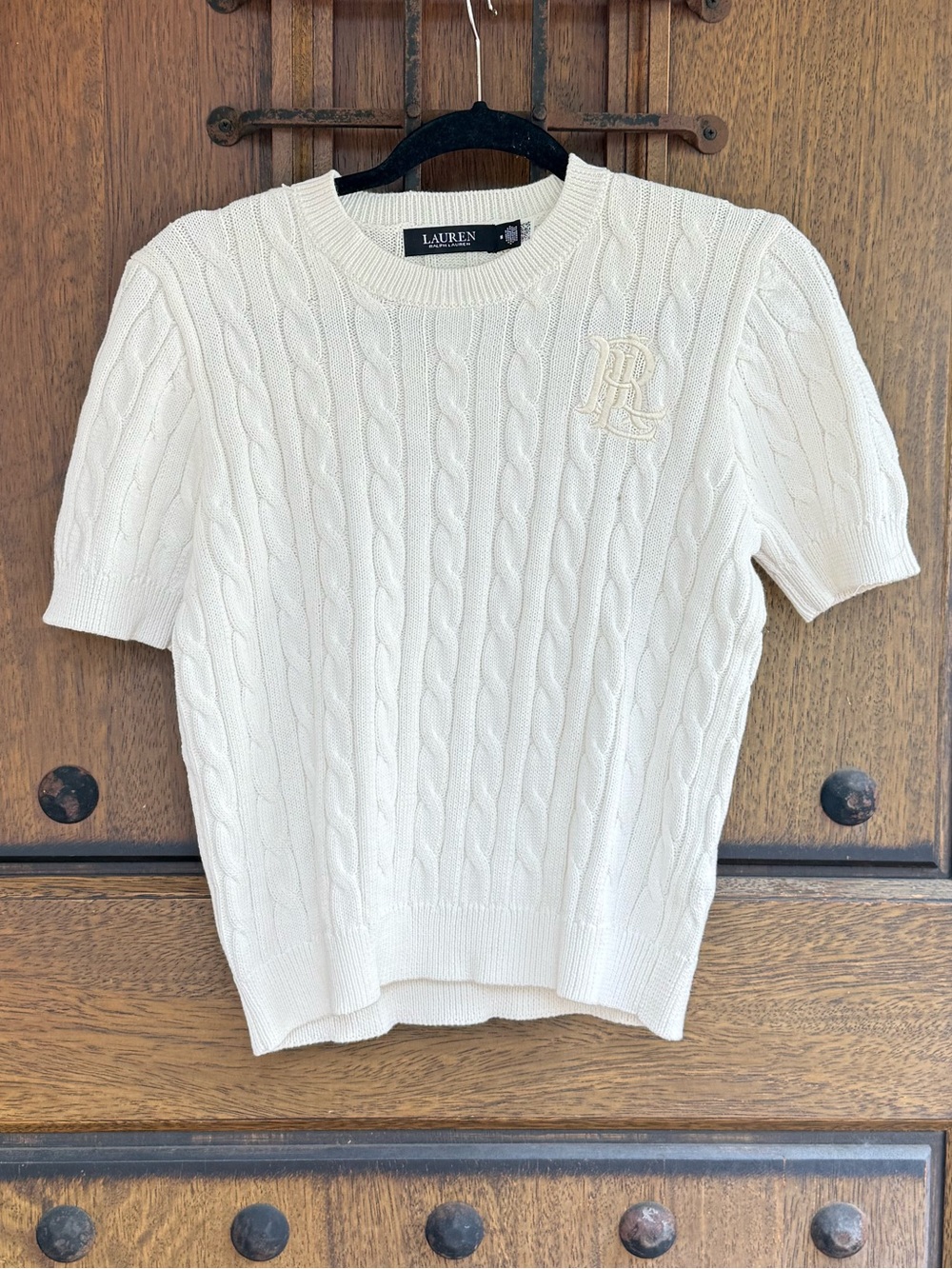 Ralph Lauren Off White Cable-Knit Short-Sleeve Sweater Top Size M